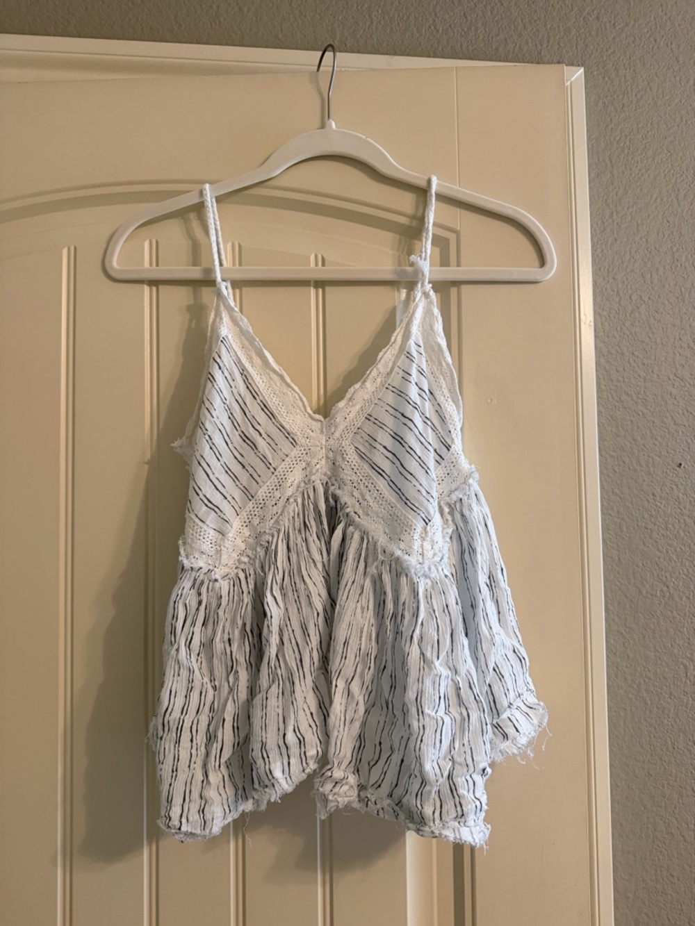 Surf Gypsy White and Black Striped Crochet-Trim Cami